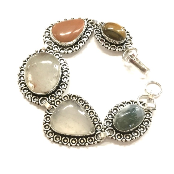 Five BIG Gemstones Bracelet Moss Agate Sandstone Quartz Tiger’s Eye 8” Boho - Picture 10 of 11